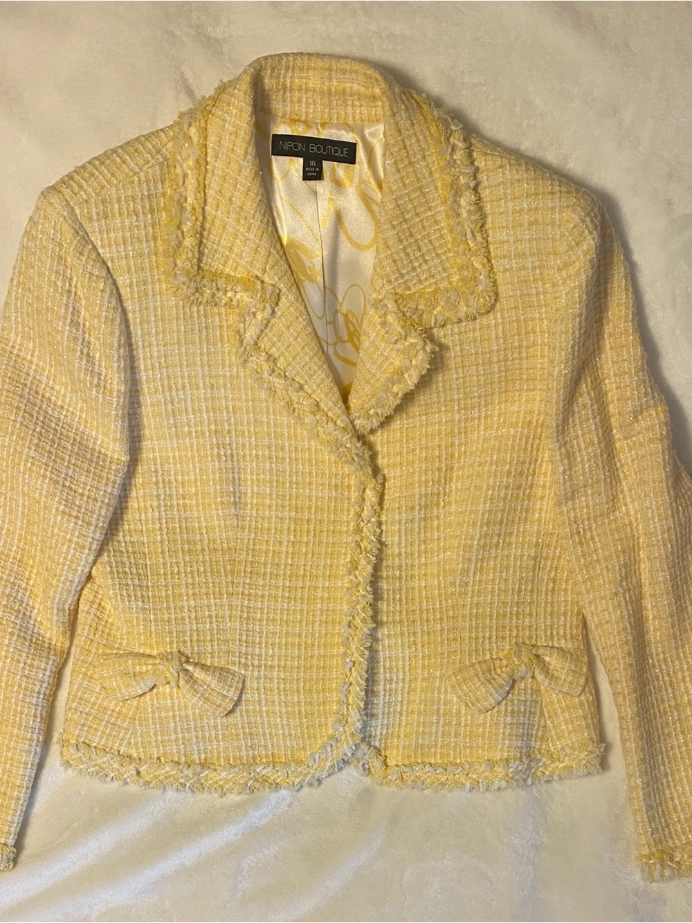 Nipon Boutique Soft Yellow Tweed Cropped Blazer with Bow Accents